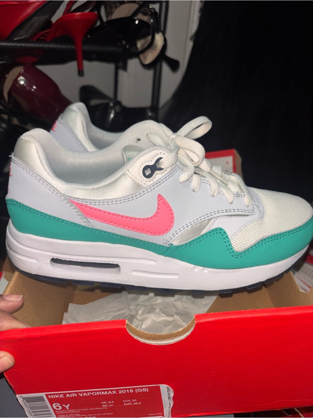 Nike Kids White Sneakers with Teal Trim and Pink Swoosh